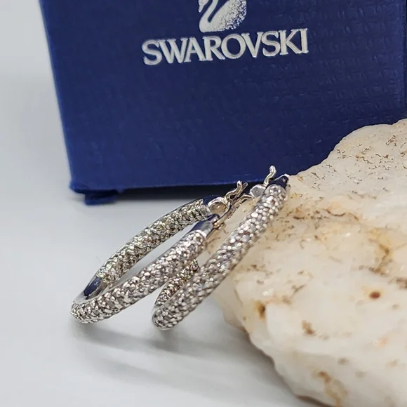 Swarovski Jewelry Matrix Earrings White Topaz Sterling 925 Silver Hoops
